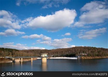 Panoramic image of Dhunn water reservoir during winter, Bergisches Land, Germany