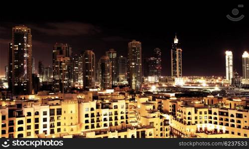 Panoramic image of Dubai downtown at night