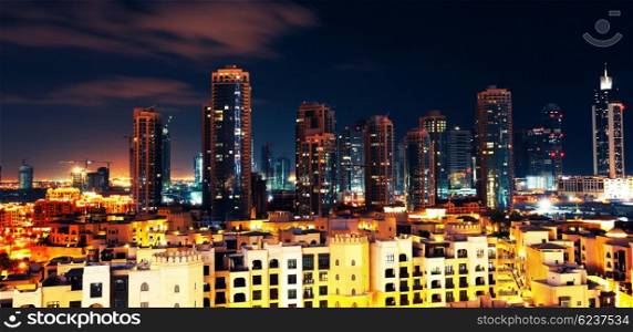 Panoramic image of Dubai downtown at night