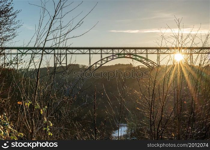 Panoramic image of landmark Mungstener Bridge at sunset, Bergisches Land, Solingen, Germany