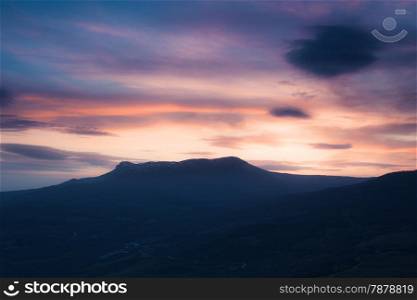 Panoramic image of mountain ridge at sunset, Crimea, Ukraine