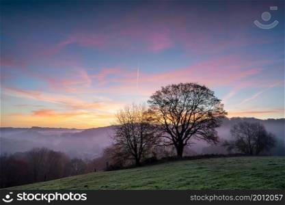 Panoramic image of scenic view on a foggy morning, Bergisches Land, Odenthal, Germany