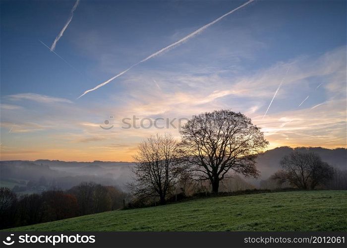 Panoramic image of scenic view on a foggy morning, Bergisches Land, Odenthal, Germany