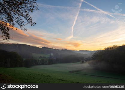 Panoramic image of scenic view on a foggy morning, Bergisches Land, Odenthal, Germany