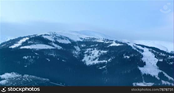 Panoramic image of snowy Carpathian mountains, Ukraine