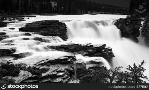 Panoramic image of the Athabasca Falls, beautiful place close to the Icefields Parkway, Jasper National Park, Alberta, Canada