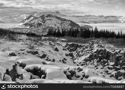Panoramic image of the beautiful landscape of the Thingvellir National Park during winter, Iceland, Europe