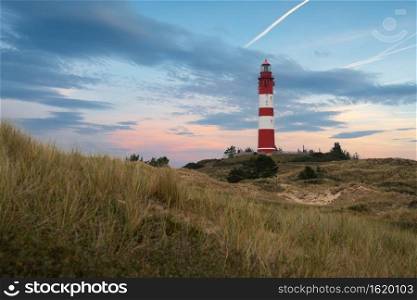 Panoramic image of the dunes of Amrum with the lighthouse, Germany