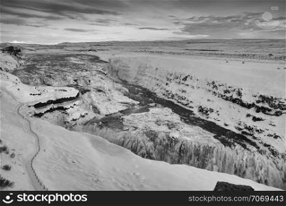 Panoramic image of the frozen waterfall Gullfoss, Iceland, Europe