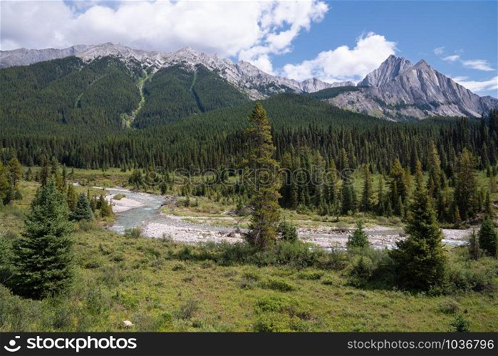 Panoramic image of the landscape along the Bow Valley Parkway, Banff National Park, Alberta, Canada
