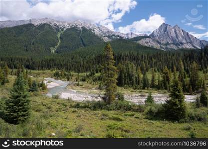 Panoramic image of the landscape along the Bow Valley Parkway, Banff National Park, Alberta, Canada