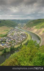 Panoramic image of the Moselle village Ernst close to Cochem on a dully day in springtime, Germany