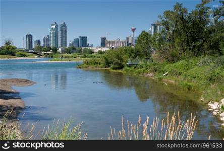 Panoramic image of the skyline of Calgary with the Bow River in the foreground, Alberta, Canada