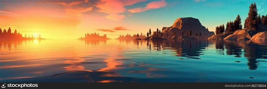 Panoramic image of the sunset on a beautiful lake. Generative AI