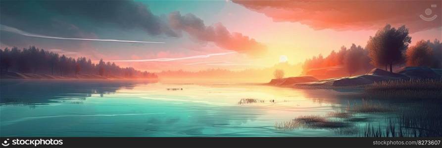 Panoramic image of the sunset on a beautiful lake. Generative AI