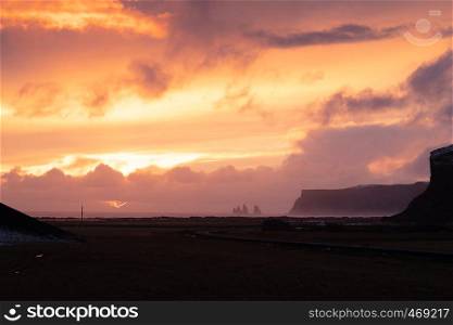 Panoramic landscape along the southern coast of Iceland close to Vik during sundown