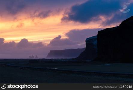 Panoramic landscape along the southern coast of Iceland close to Vik during sundown