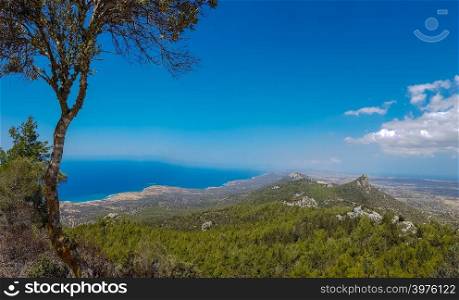 Panoramic landscape and sea view from Pentadaktylos mountains, Kantara area in the island of Cyprus