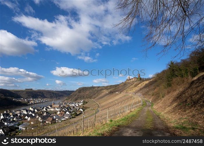 Panoramic landscape with view to the Thurant castle and the village Alken, Moselle, Germany