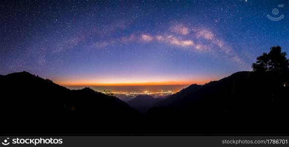 Panoramic Milky way at Doi Ang Khang , Chiang Mai , Thailand , Low Light , High ISO