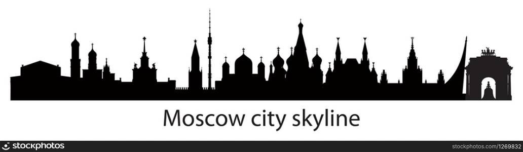 Panoramic Moscow skyline travel illustration with main architectural landmarks. Worldwide traveling concept. Moscow city silhouette landmarks, monochrome russian tourism and journey vector background.