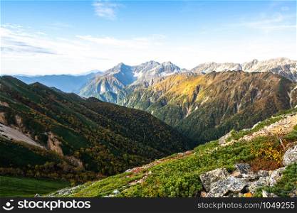 Panoramic mountain scenery landscape of Northern Japan Alps in Nagano, Japan, overlooking mount Yari, Yarigadake. Adventure and mountaineering activity concept.
