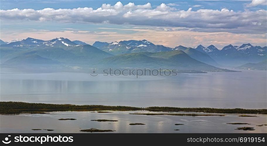 Panoramic mountain view and fjord in Molde, Norway. Mountain view in Molde, Norway