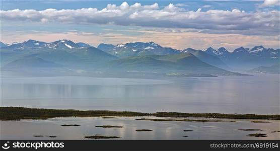 Panoramic mountain view and fjord in Molde, Norway. Mountain view in Molde, Norway