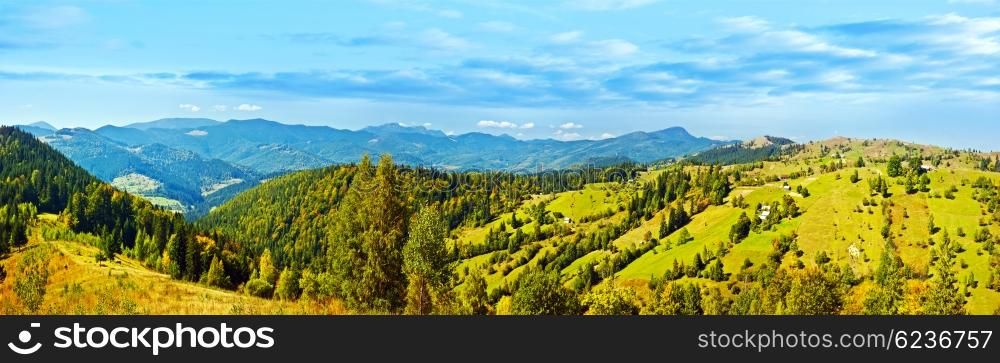 Panoramic mountains landscape, beautiful summer panorama, green highlands rural scenery, natural banner, European village, wide angle of scenic nature, east Europe country travel
