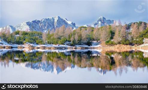 Panoramic of a mountain lake reflecting the mountains