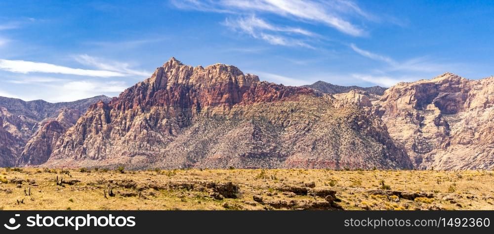 Panoramic of desert Landscape of Red Rock Canyon National Conservation recreation Area in Las Vegas Nevada United States. USA landmark national park nature landscape travel and tourism concept.