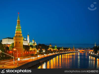 Panoramic overview of downtown Moscow at night time