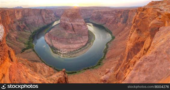 Panoramic overview of Horseshoe Bend near Page, Arizona at sunset