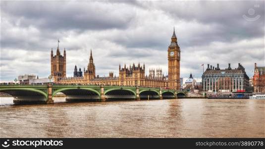 Panoramic overview of London with the Clock Tower and Houses of Parliament