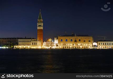 Panoramic overview of San Marco square in Venice at night