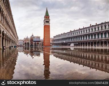 Panoramic overview of San Marco square in Venice, Italy early in the morning