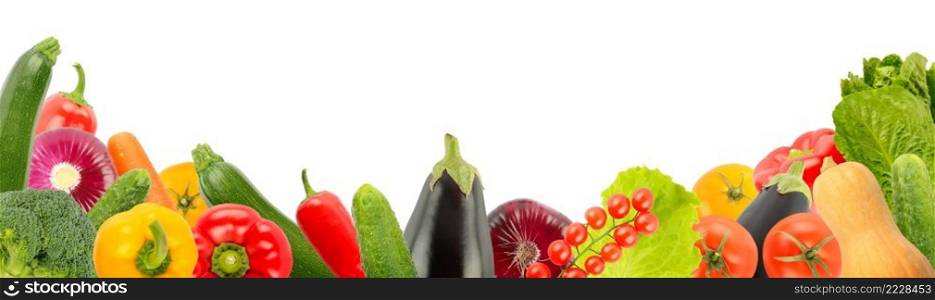 Panoramic photo fresh vegetables close-up isolated on white background. Copy space
