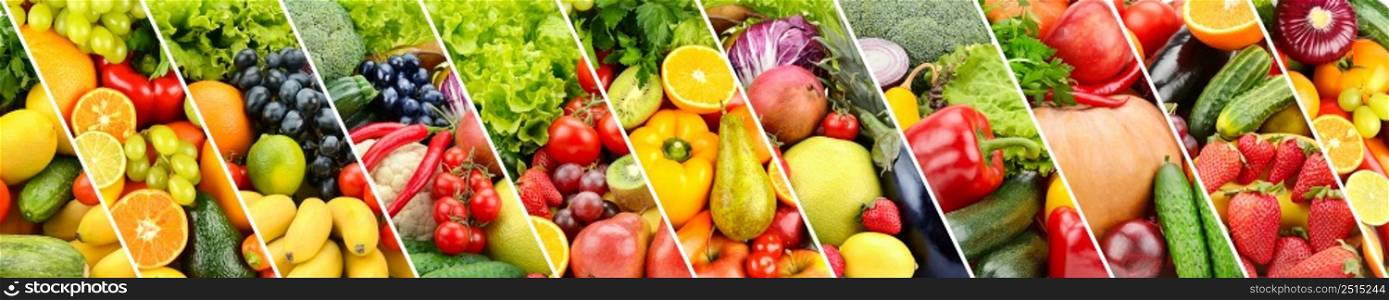 Panoramic photo fruits and vegetables separated by slanted lines