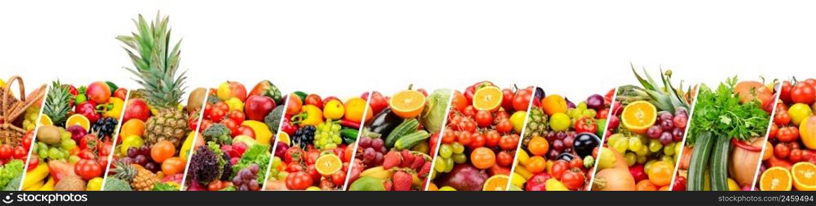 Panoramic photo fruits and vegetables separated by slanted lines isolated on white background.