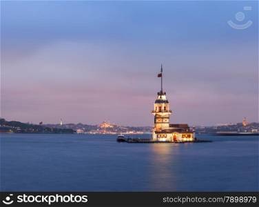 Panoramic photo of Maiden&rsquo;s Tower (Kiz Kulesi) at night. Istanbul, Turkey