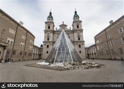 Panoramic photo of square in front of Salzburg cathedral