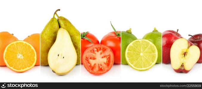 Panoramic photo of vegetables and fruits close-up separated by vertical lines isolated on white background.
