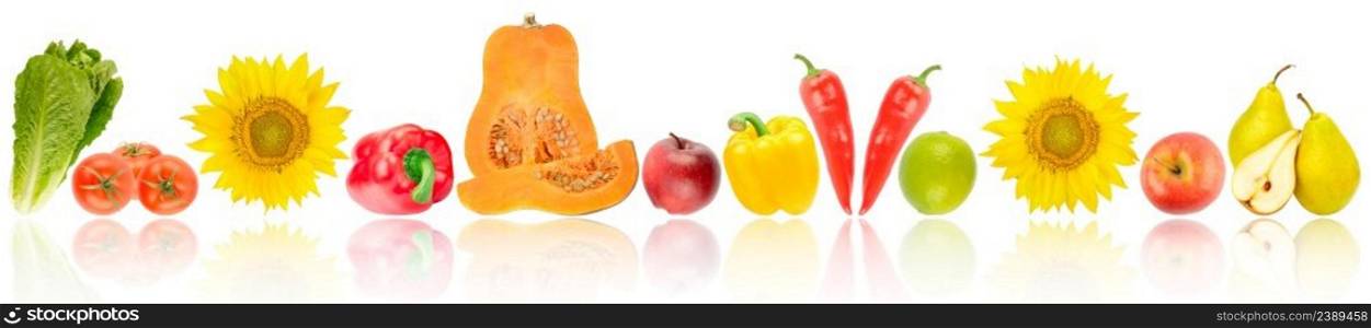 Panoramic photo ripe and fresh fruits and vegetables with light reflection isolated on white background.