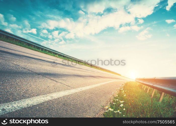 Panoramic road sunrise summer travel background. Panoramic road sunrise summer travel