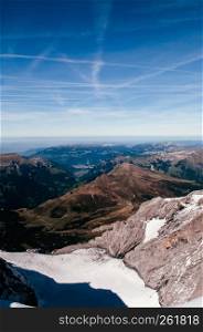 Panoramic scenery of Swiss alps mountain rage deep valley view from Jungfraujoch top of Europe, Switzerland