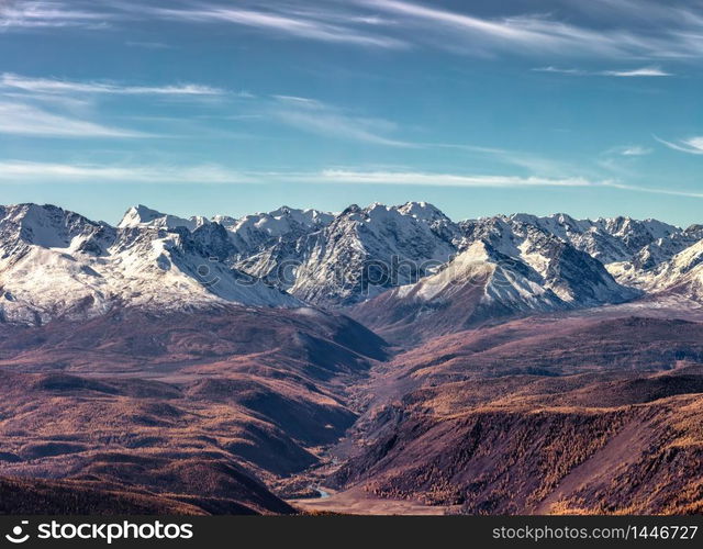 Panoramic scenic view of Northern Chuyskiy mountain range in Altai, Russia. Fall 2019