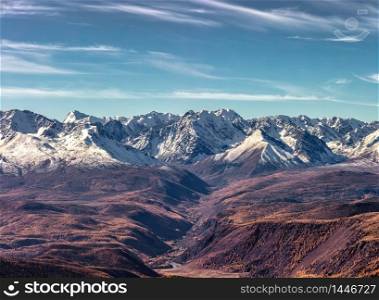 Panoramic scenic view of Northern Chuyskiy mountain range in Altai, Russia. Fall 2019