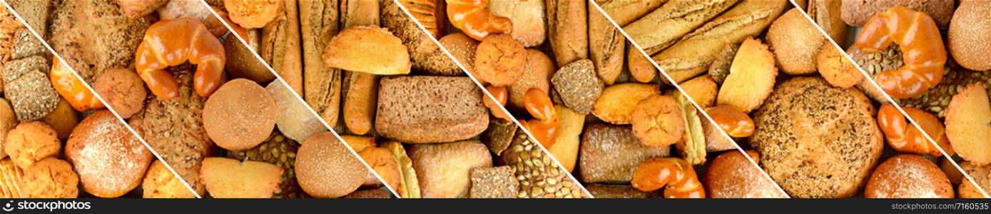 Panoramic set fresh bread products. Wide format. Top view