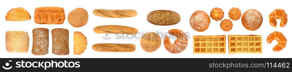 Panoramic set of fresh bread products isolated on white background. Top view. Flat lay.