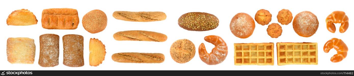 Panoramic set of fresh bread products isolated on white background. Top view. Flat lay.